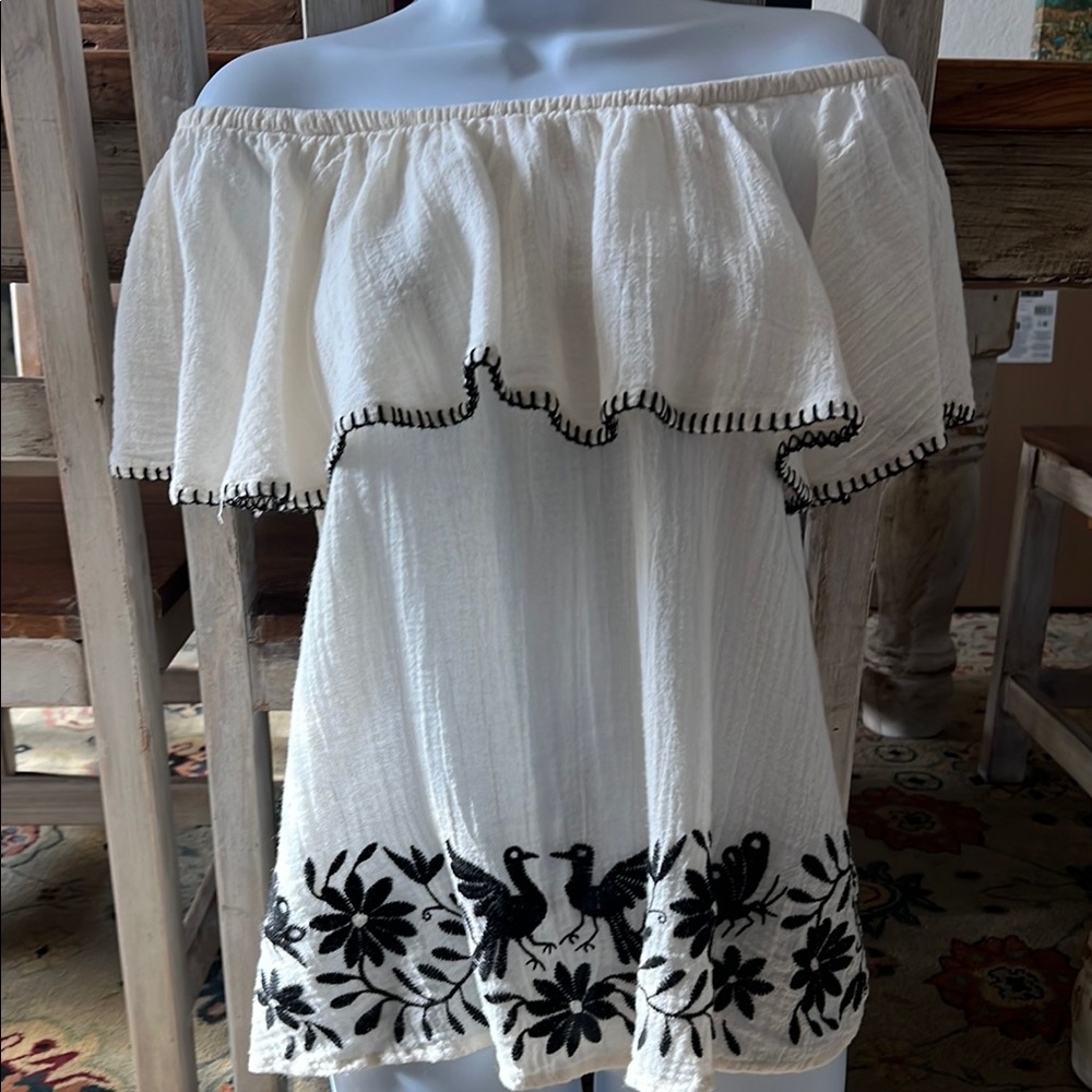 Off-Shoulder White Top with Black Embroidery